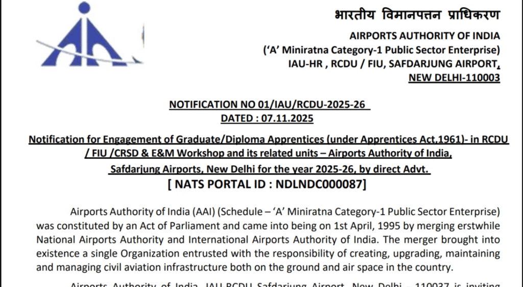 The Airports Authority of India - AAI Safdarjung Airport Recruitment 2025 – Last Date 24 November Govt Exam Update 1 AAI Safdarjung Airport Recruitment 2025