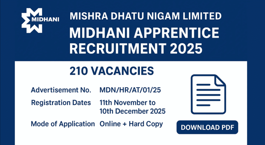 210 Posts - Mishra Dhatu Nigam Limited - MIDHANI Apprentice Recruitment 2025 – Last Date 10 December Govt Exam Update 1 MIDHANI Apprentice Recruitment 2025