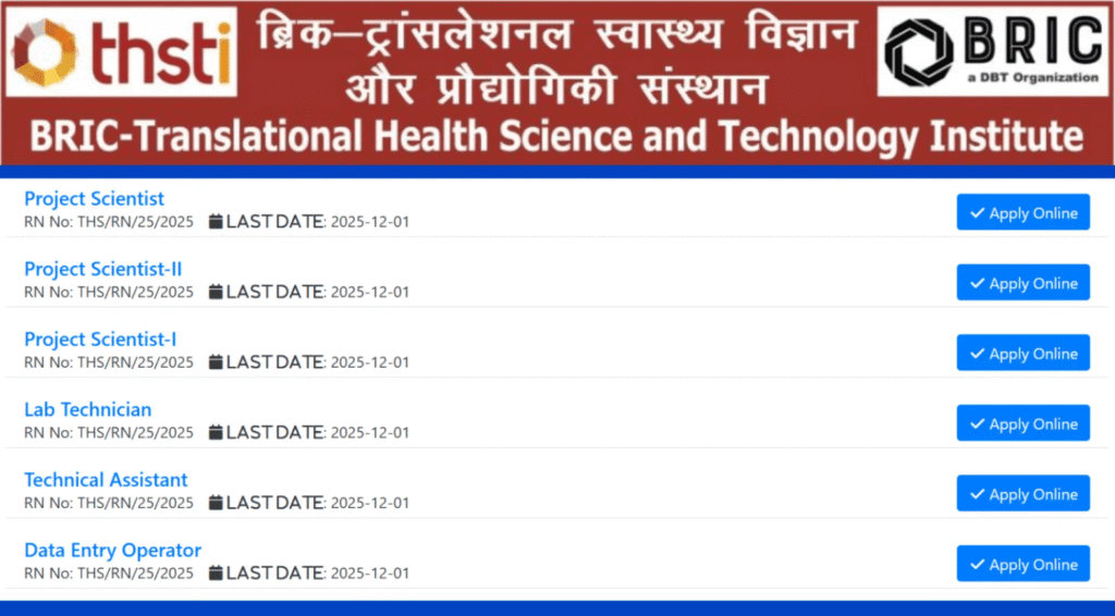 BRIC THSTI Recruitment 2025